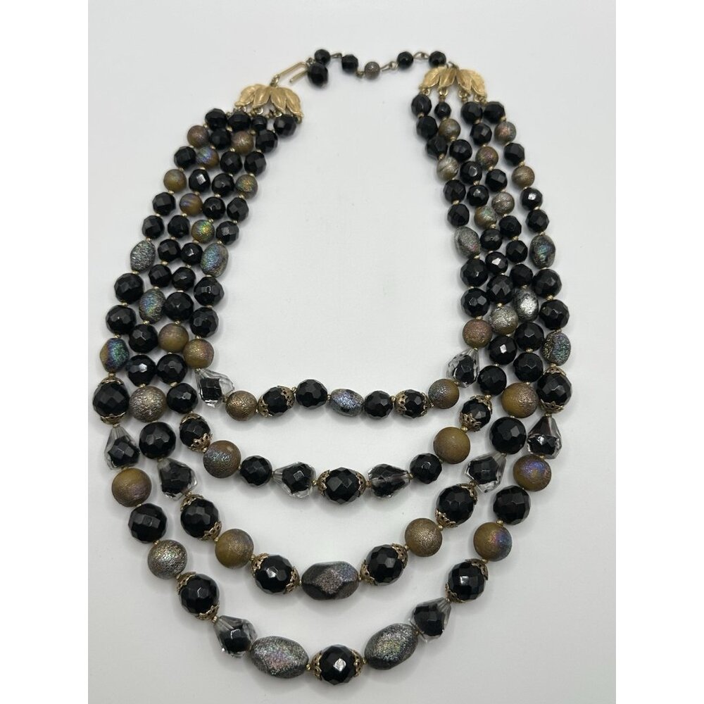 Stunning TRIFARI Black Iridescent‎ Glass 4 Strand Beaded Necklace 15-17”